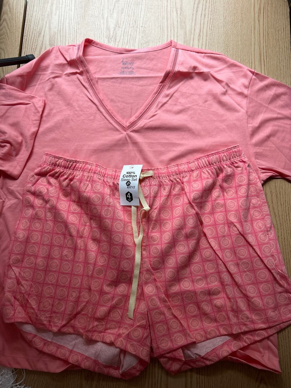 New Women’s 2Pc Felina Shirt & Shorts Cotton Print Pajamas Set Pink Size XL